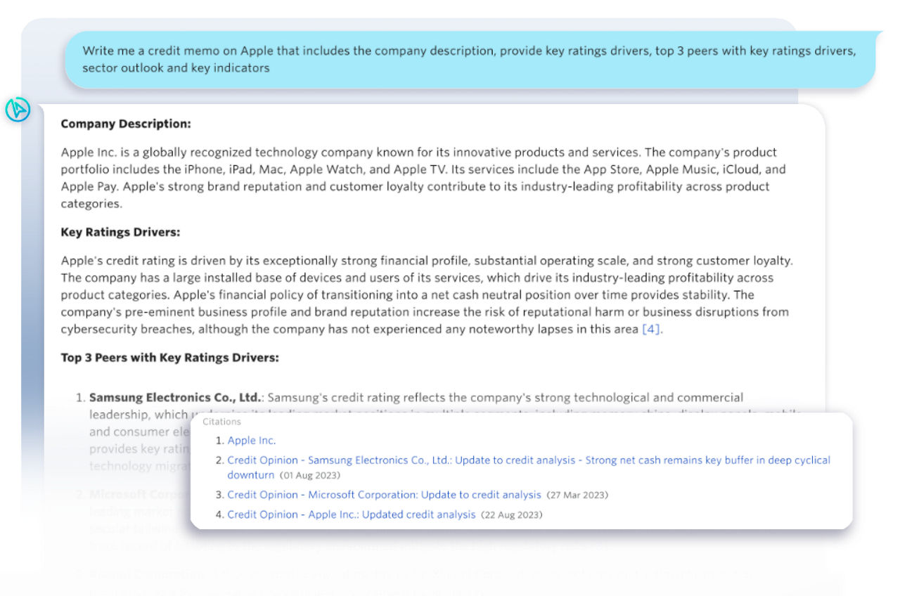 screenshot of Moody's research assistant