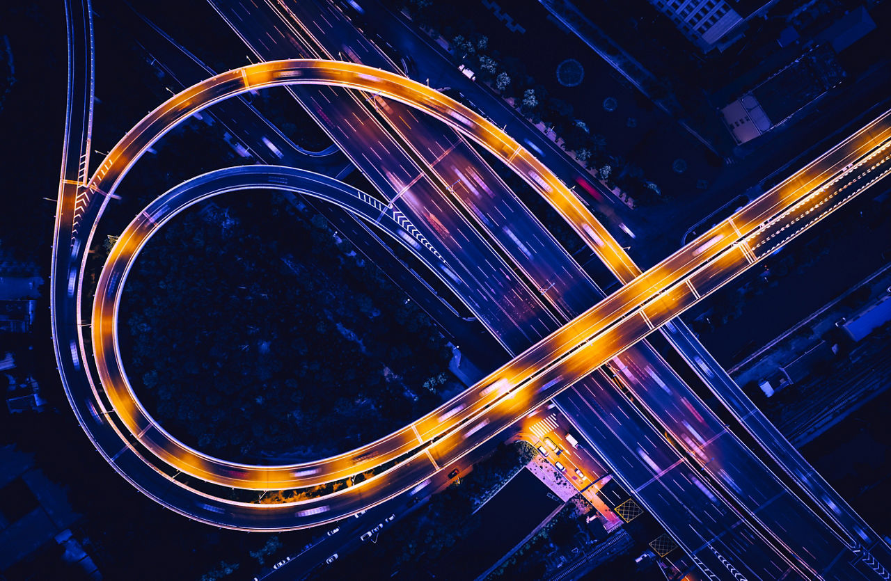 Aerial shot of a roundabout intersection