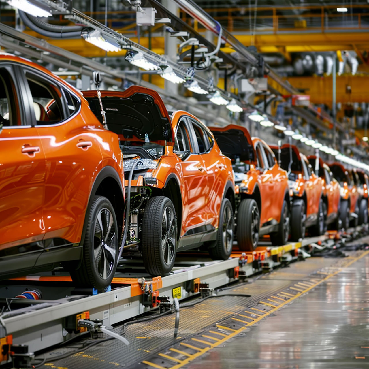 Close up of electric vehicle battery cells on efficient mass production assembly line