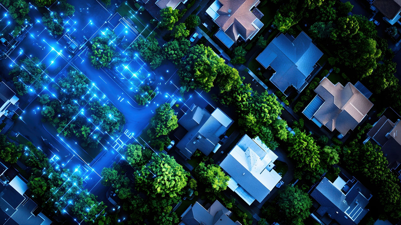 Aerial night view of a smart city residential area showcasing connected homes and lush green trees with glowing network lines illustrating modern technology and urban development.