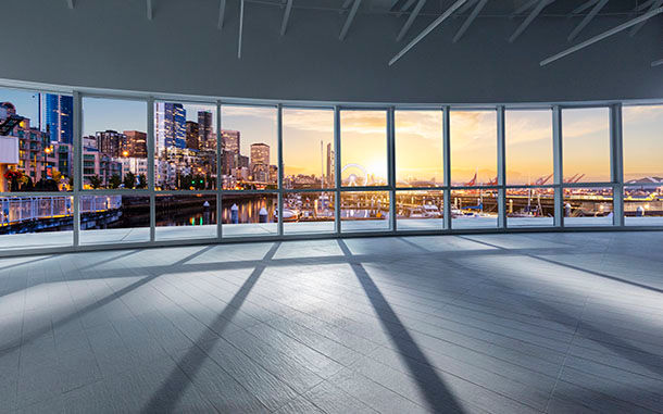 window view of Seattle sunset cityscape,washington state,usa.