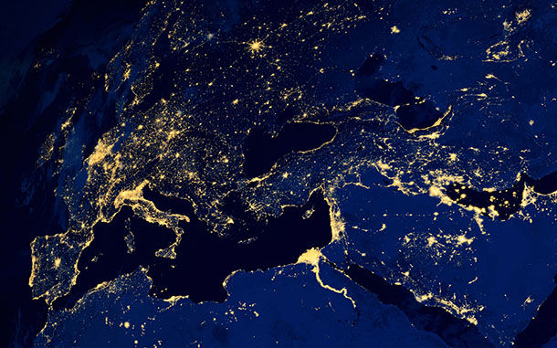 Satellite map of European cities night. N.A.S.A. Image modified.