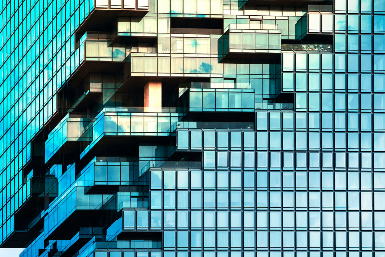 Angle view of modern building with a clear blue sky in background