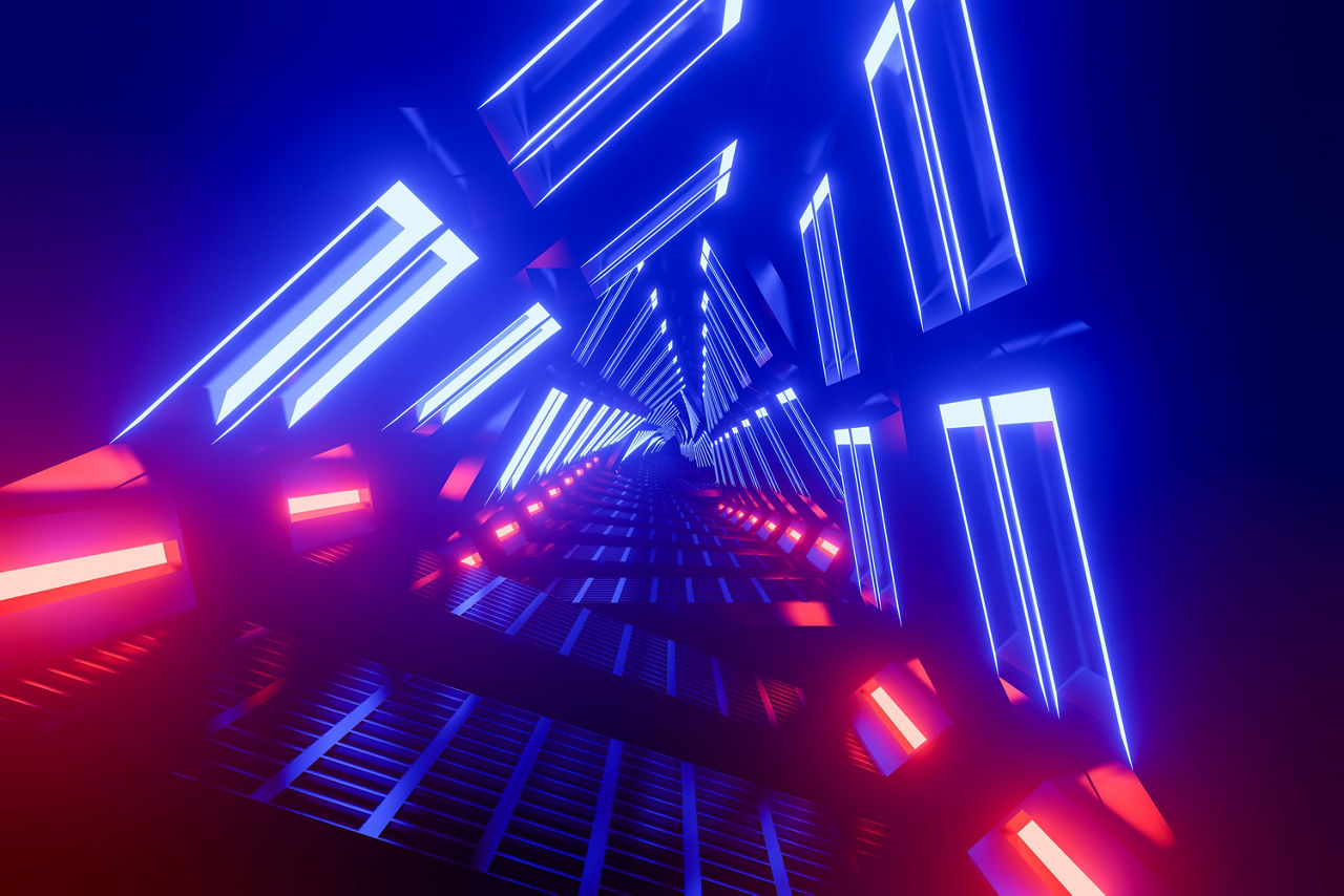 Bright glowing neon background. Abstract neon lights Sci-Fi futuristic Hi Tech virtual reality tunnel. Futuristic motion graphic. Ultra violet neon light glow. 3D illustration