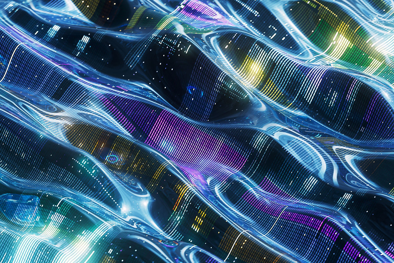 Abstract representation of dynamic digital data streams in vibrant blue and purple hues, capturing artificial intelligence concepts with intricate patterns and complex technological networks
