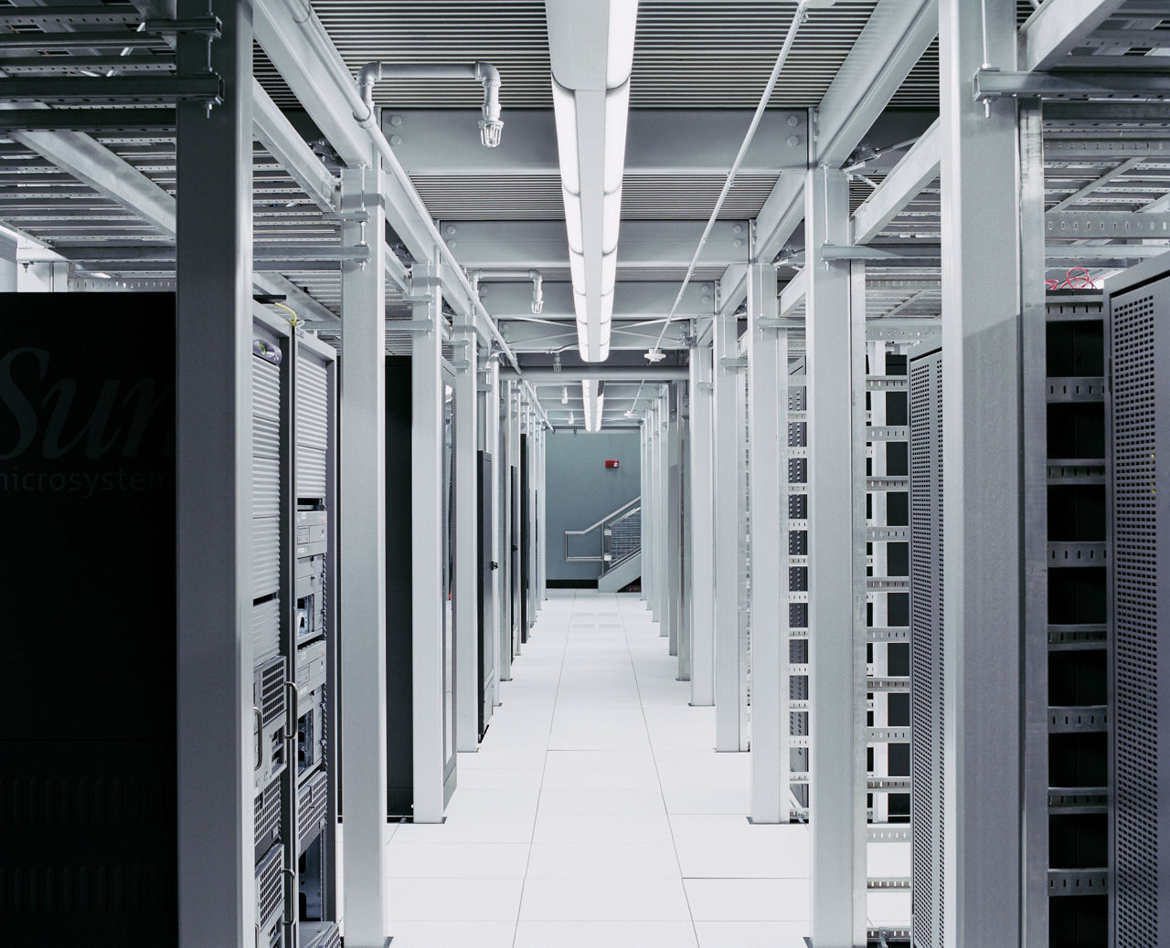 looking down hallway of server room