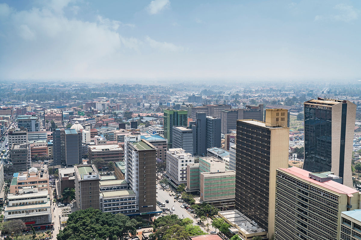 Modern and futuristic buildings downtown Nairobi, in the business and financial district.