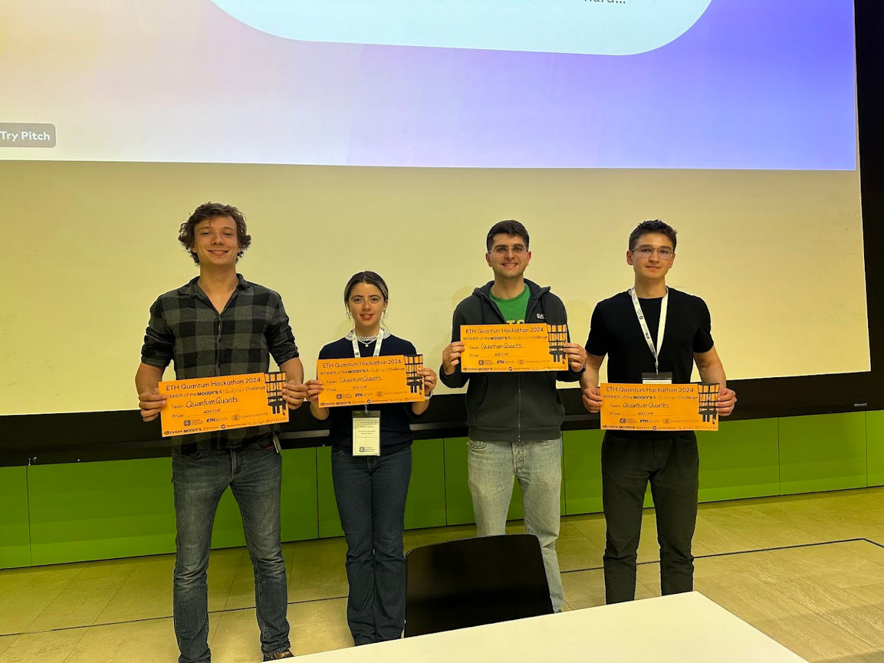 Picture and quote by the winning team Quantum Quants. From left to right: Alexander Jürgens, Grecia Castelazo, Francesco Ruscio, Peter Ivashkov.