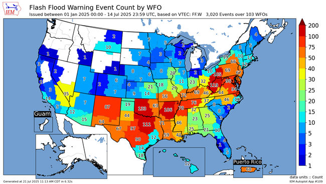 Flash flood warnings issued by the Weather Forecast Office (WFO)