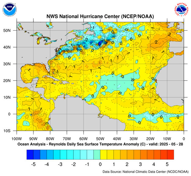 Sea surface temperature anomalies as of May 28, 2025 (Source: NCDC/NOAA)