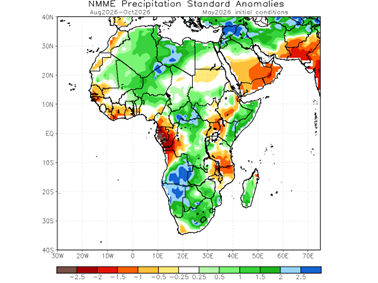 Forecast precipitation standard anomaly for Africa for the period across August to October, showing the reduced precipitation in West Africa and the higher-than-average rainfall further north 