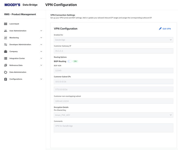 Moody's Data Bridge: VPN configuration