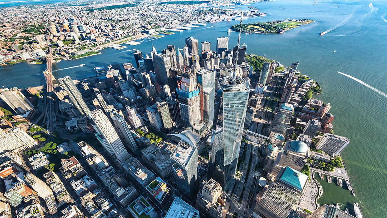 NEW YORK - JULY 02 2016: Aerial view of the Freedom Tower at One World Trade Center, Manhattan, New York