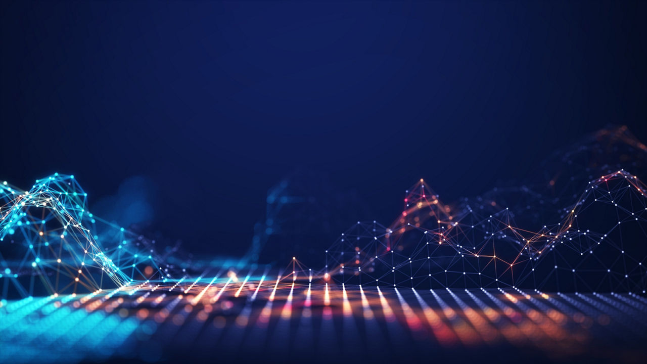 Abstract connected dots and lines. Concept of AI technology, Motion of digital data flow. Communication and technology network concept with moving lines and dots. 3D rendering 