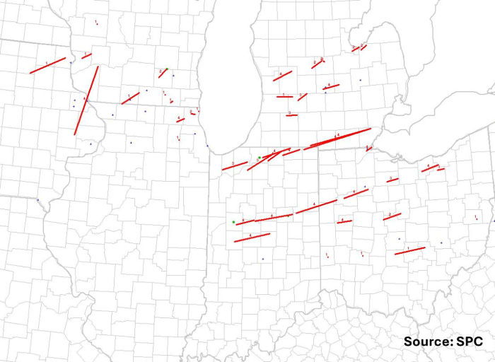 Palm Sunday 1965 tornado tracks