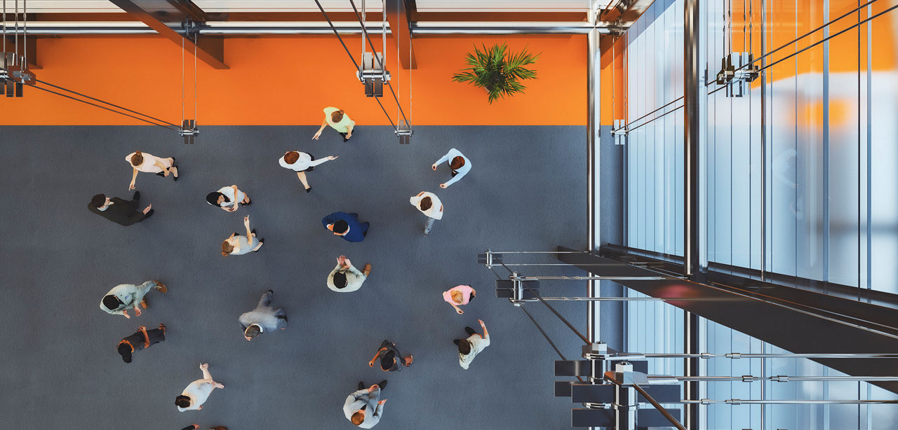 Large group of business people in convention centre, 3D generated image.