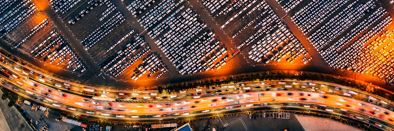 Aerial view of new cars lined up at Industrial factory Port for shipping to worldwide. Ulsan, South Korea