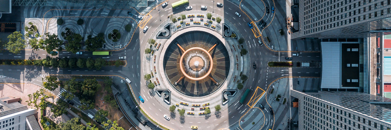 Top view of the Fountain of Wealth as the largest fountain in the world at Singapore. It is located in one of Singapore largest shopping malls.