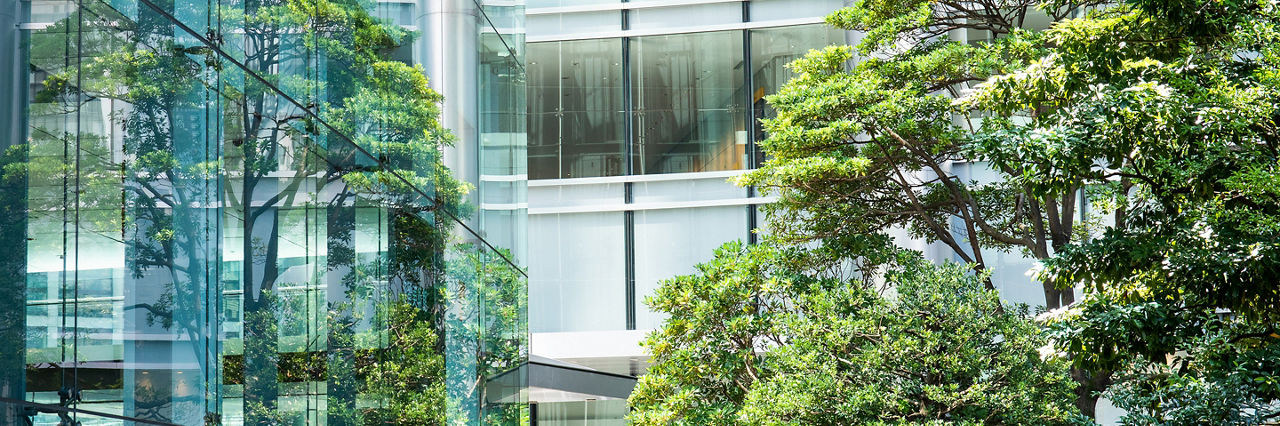 Sky and clouds reflected in a modern building glass facade