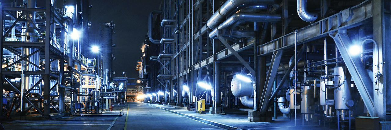 Oil Refinery, Chemical & Petrochemical plant abstract at night.