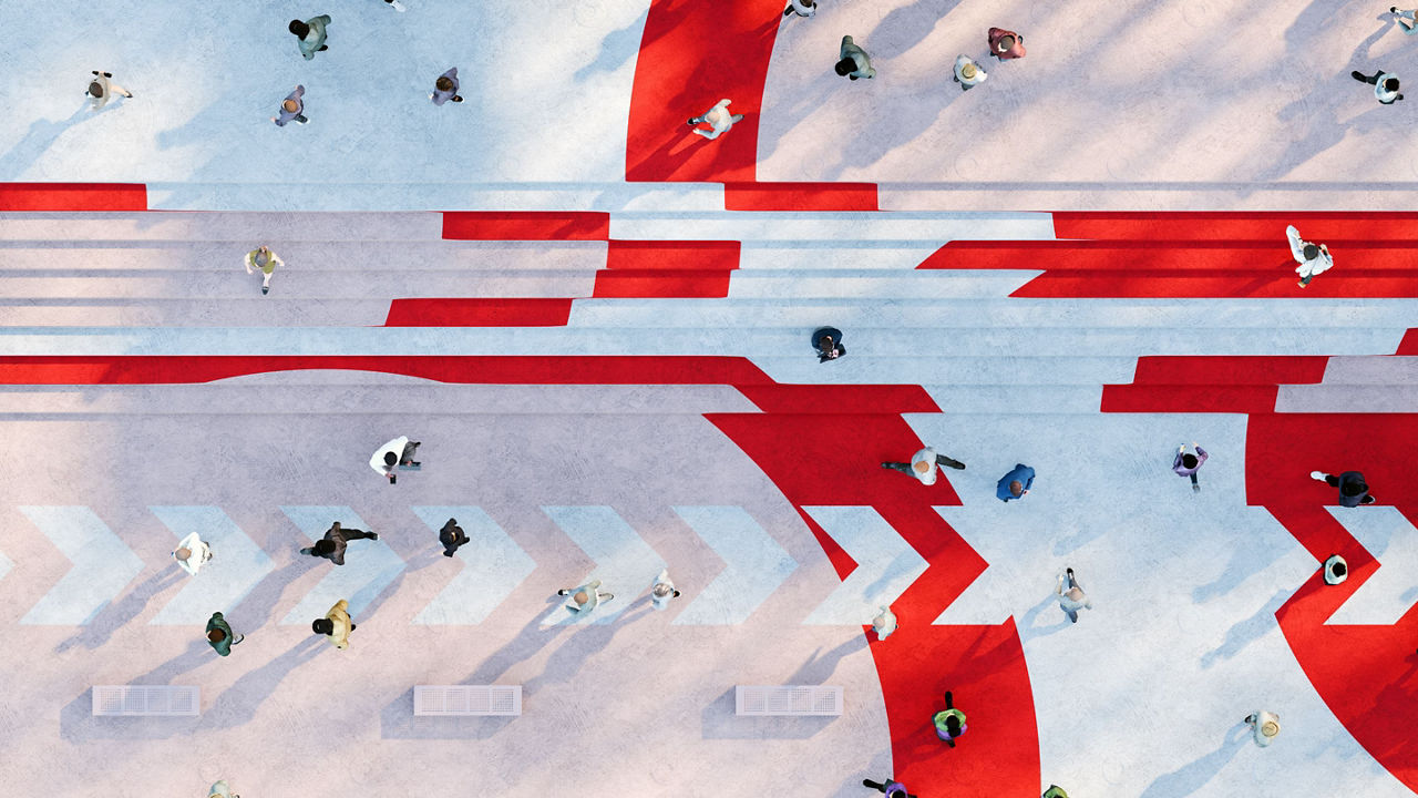 Aerial of plaza with people