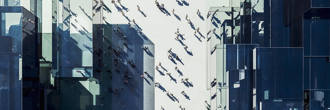 Modern glass office building with business people from above. 3D generated image.