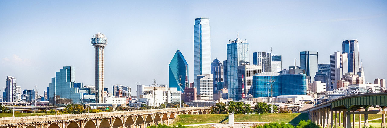 Dallas skyline seen during a bright blue day.More images from Dallas in the lightbox: