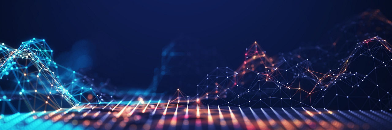 Abstract connected dots and lines. Concept of AI technology, Motion of digital data flow. Communication and technology network concept with moving lines and dots. 3D rendering