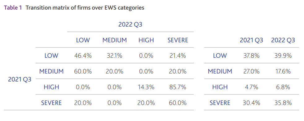 Transition matrix of firms over EWS categories