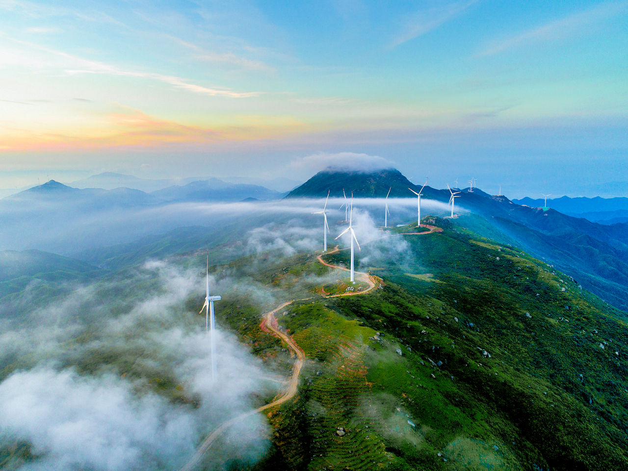 The wind field of the mountain ridge. High angle aerial photography.