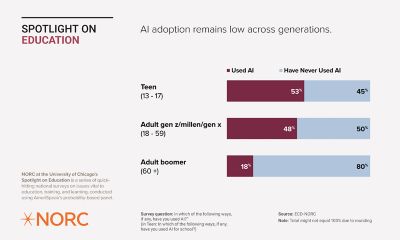 A horizontal stacked bar chart comparing AI usage across three age groups: teens, adult Gen Z/Millennials/Gen X, and adult Boomers. Teens and adult Gen Z/Millenials/Gen X have similar adoption rates (53% and 48% respectively) while adult boomers have lower adoption rates (18%)