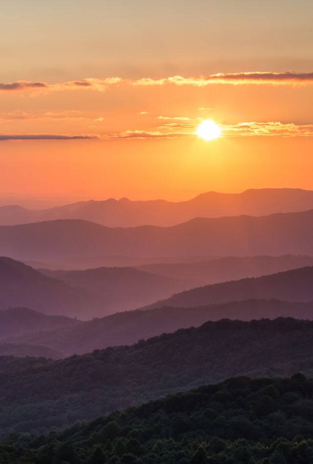 Sunset over the Appalachian Mountains looking into the Great Smoky Mountains National Park, North Carolina and Tennessee.
