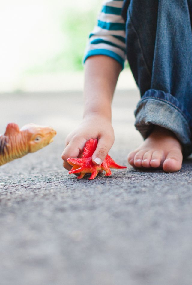 Young boy playing pretend with toy dinosaurs