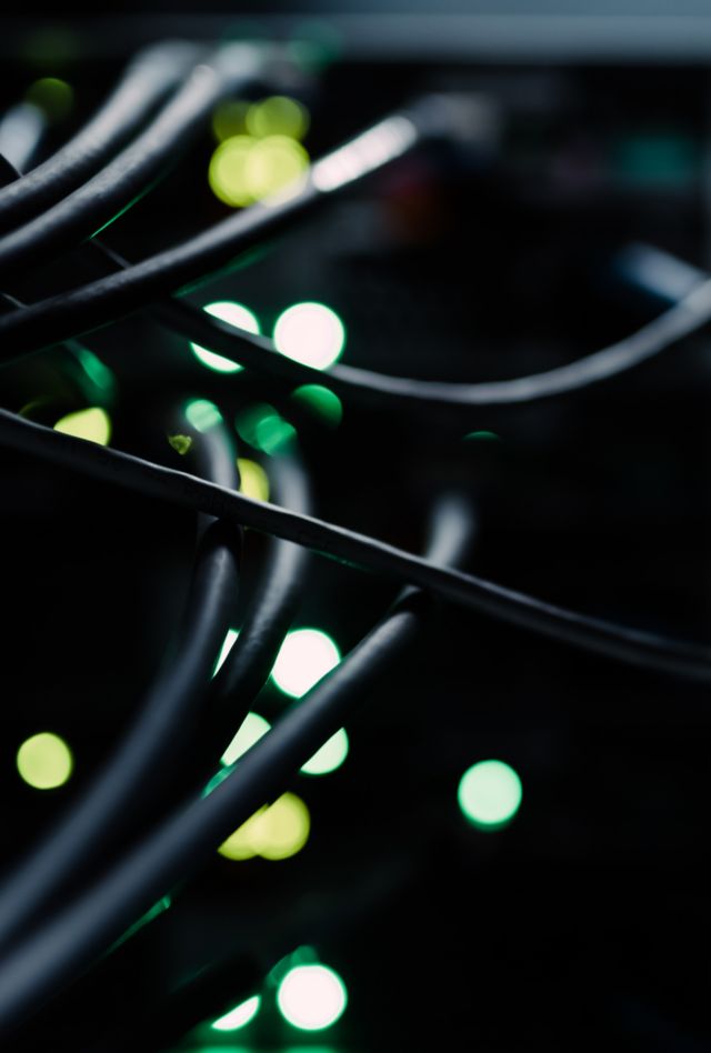 Close up of complex array of wires at network server