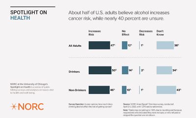 Bar chart by NORC at the University of Chicago: Spotlight on Health. About half of U.S. adults believe alcohol increases cancer risk, while nearly 40 percent are unsure. The figures indicate: All Adults: 47% say it increases risk, 1% say it decreases risk, 13% say no effect, and 38% are unsure. Drinkers: 50% say it increases risk, 1% decreases risk, 14% no effect, 34% unsure. Non-Drinkers: 40% say it increases risk, 3% decreases risk, 13% no effect, 43% unsure. Data is from an April 2026 AmeriSpeak Omnibus survey of 1,070 adults.