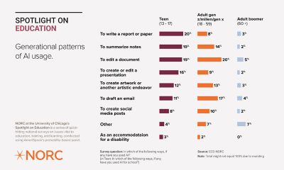 A horizontal bar chart comparing AI usage patterns across three age groups: teens, adult Gen Z/Millennials/Gen X, and adult Boomers. The chart shows various ways AI is used, with separate bars for each age group. For teens, the focus is on AI use for school-related tasks, while for adults, it displays general AI applications. 