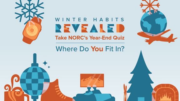 Illustration with snowflakes, fitness tracker, airplane, mug with steam rising out of it, holiday ornament, ice skate, people watching a television, Christmas tree, and fireplace. Text reads "Winter Habits Revealed. Take NORC's Year-End Quiz. Where Do You Fit In?"