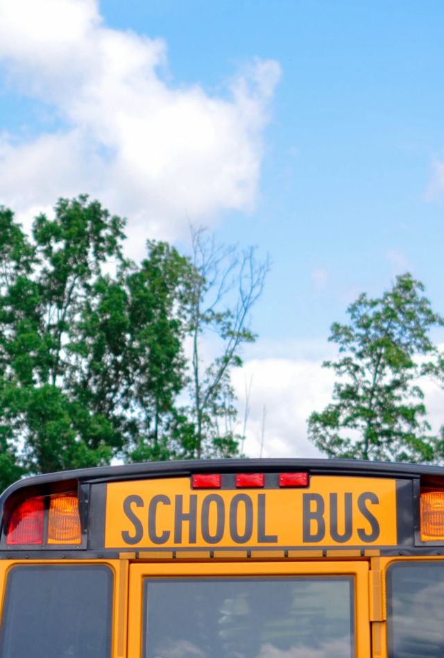 A view of the upper part of the back of a school bus