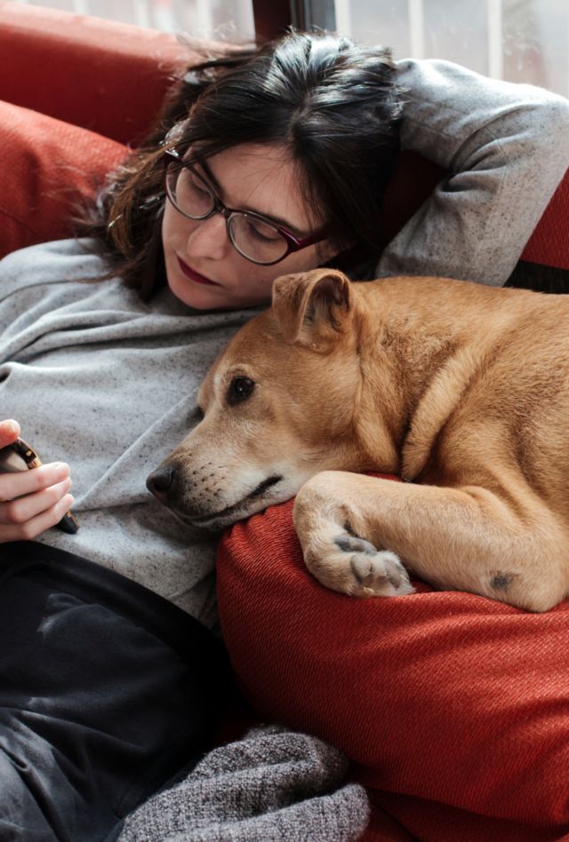 Woman in homey clothes and slippers sitting on the couch at home, boringly staring at her smartphone, her dog beside her, staring too.