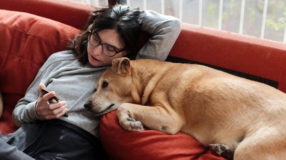 Woman in homey clothes and slippers sitting on the couch at home, boringly staring at her smartphone, her dog beside her, staring too.