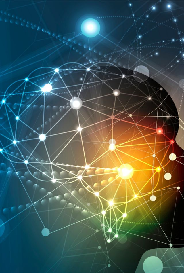 Silhouette of a person in profile with connected lines and dots