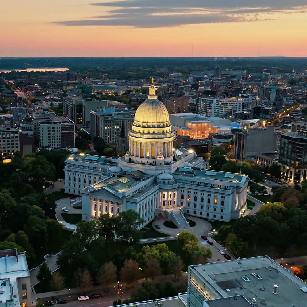 Aerial image of Madison Wisconsin state capitol building and surrounding area