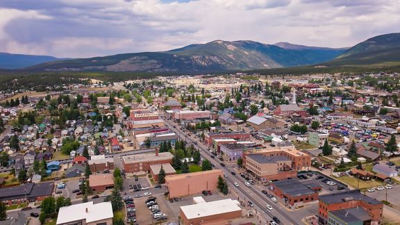 Aerial photograph of historic downtown set in the mountains
