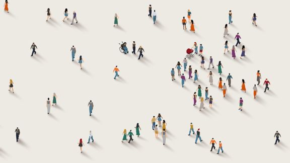 Illustration of aerial view of many diverse people walking 