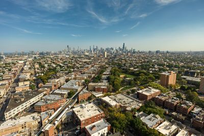 Aerial shot of the downtown skyline from Wicker Park, Chicago, Illinois on a clear day in Fall.