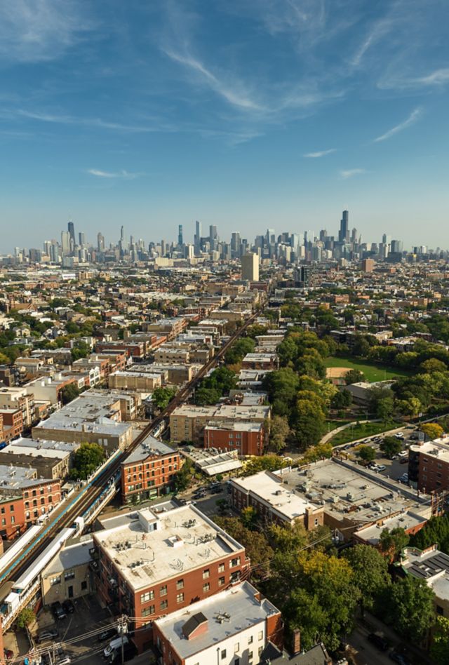 Aerial shot of the downtown skyline from Wicker Park, Chicago, Illinois on a clear day in Fall.