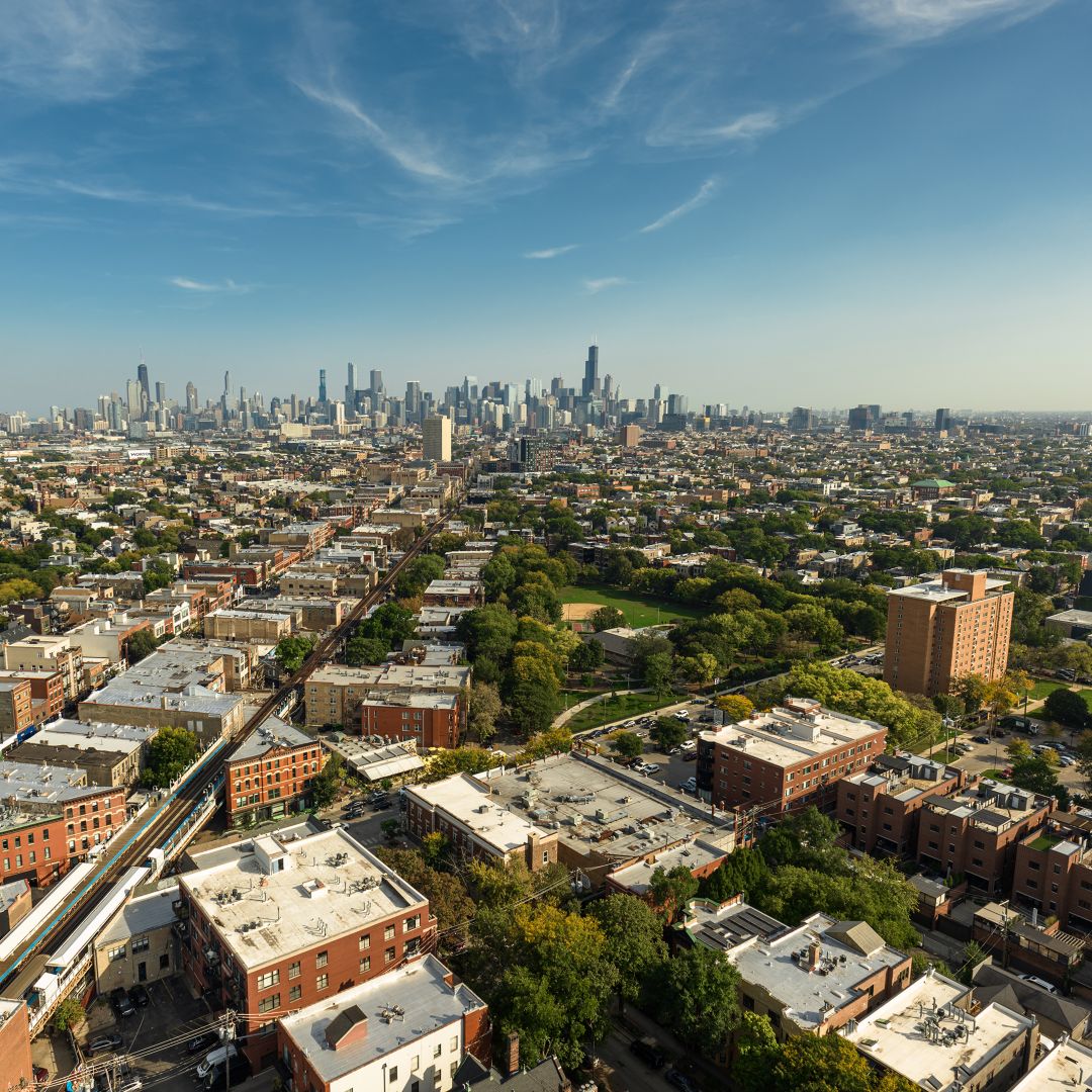 Aerial image of Chicago neighborhood with skyline in distance