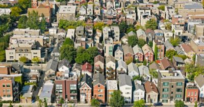 Aerial shot of Chicago, Illinois on a clear day in Fall from over West Town.