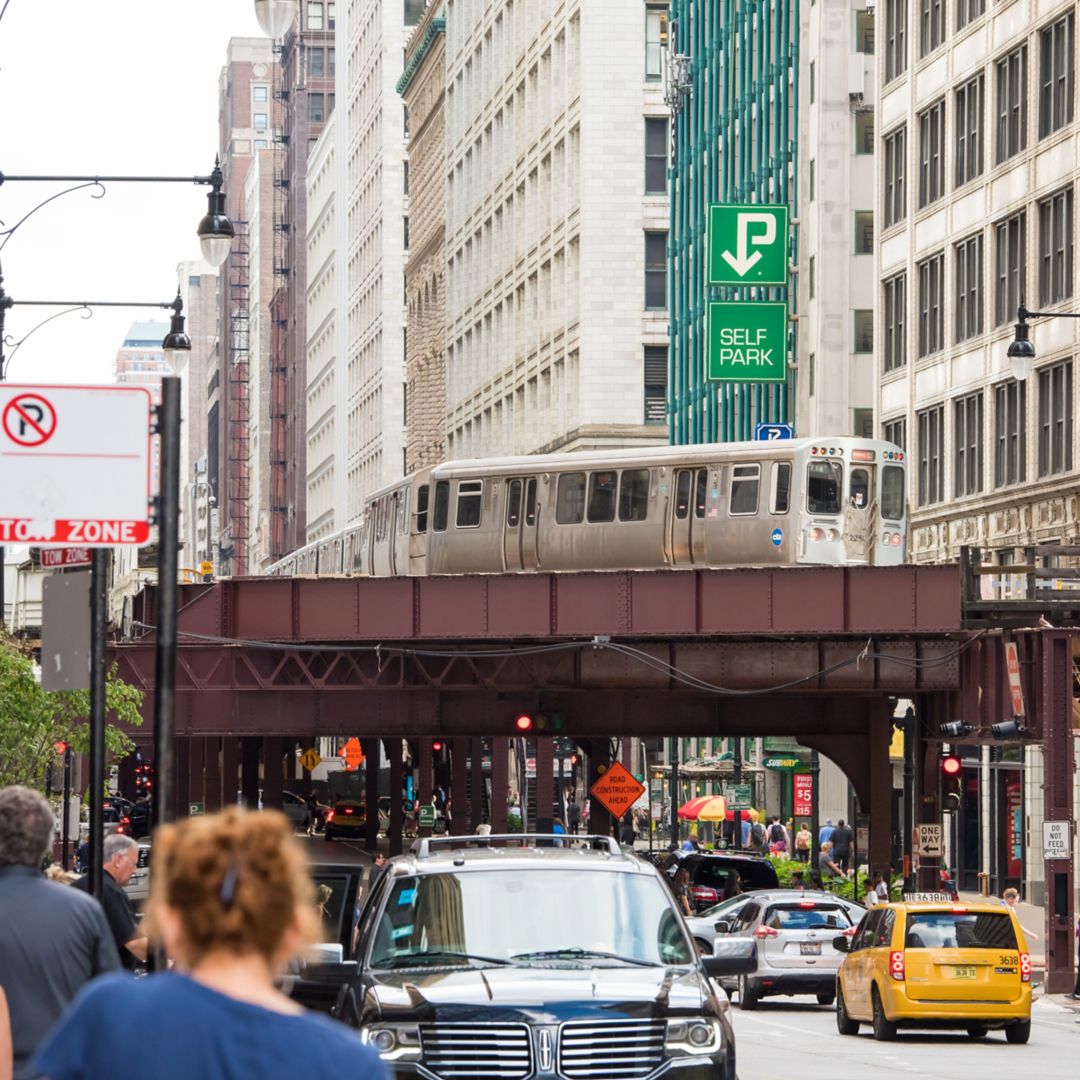 The L train (an elevated train) running through Chicago's downtown