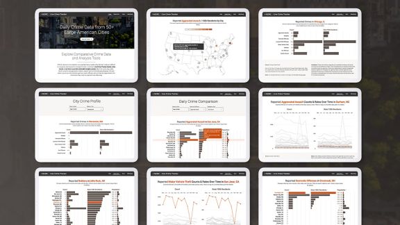 Screenshots of crime-tracking data tool.